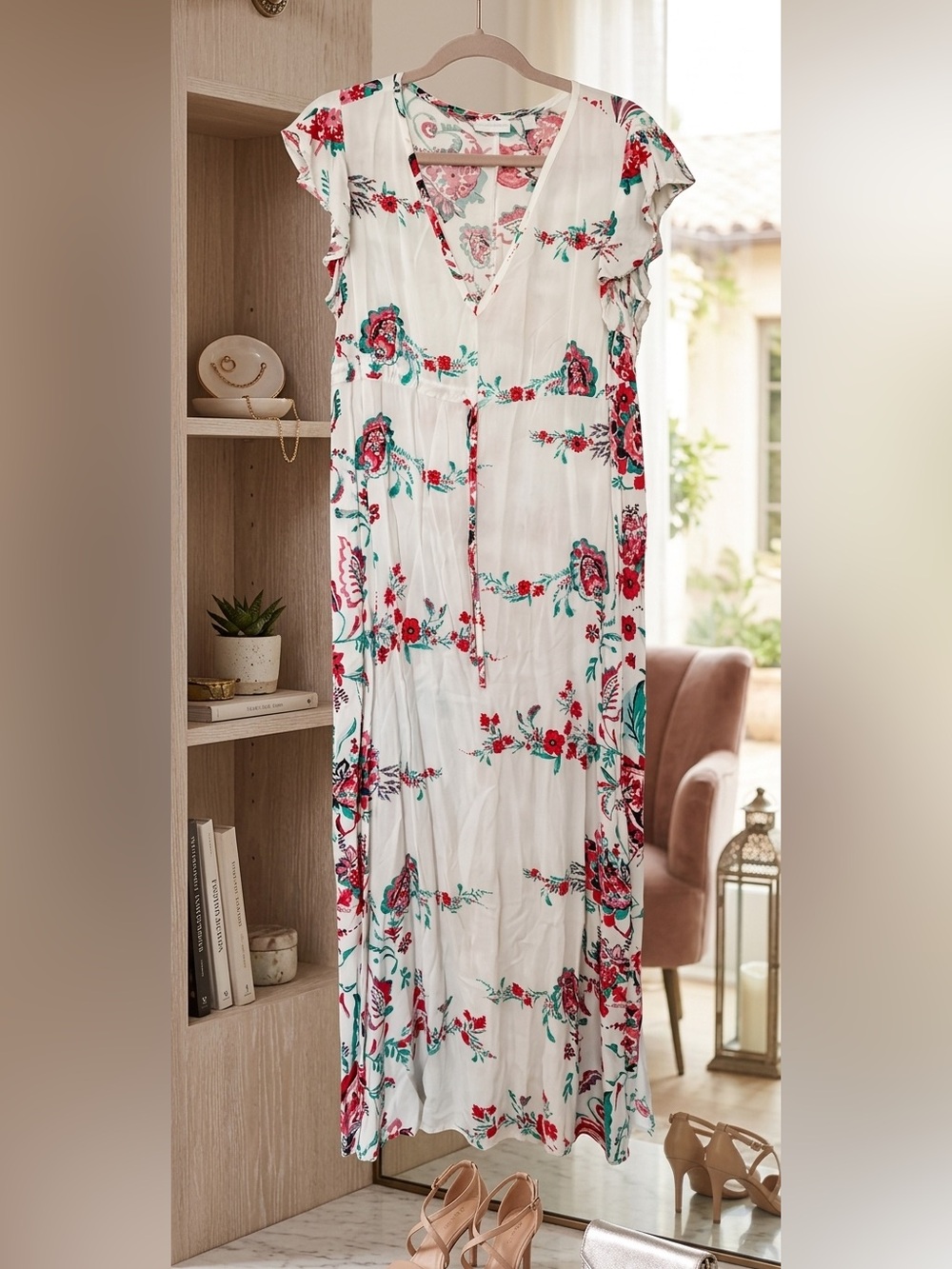 New York & Company White Maxi dress with Red & Teal Floral Print